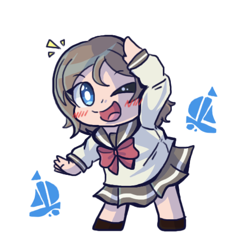 watanabe you, love live!, love live! sunshine!!, 1girl, blue eyes, bow, bowtie, chibi, grey hair, looking at viewer, salute, short hair, skirt, smile, solo, uranohoshi school uniform