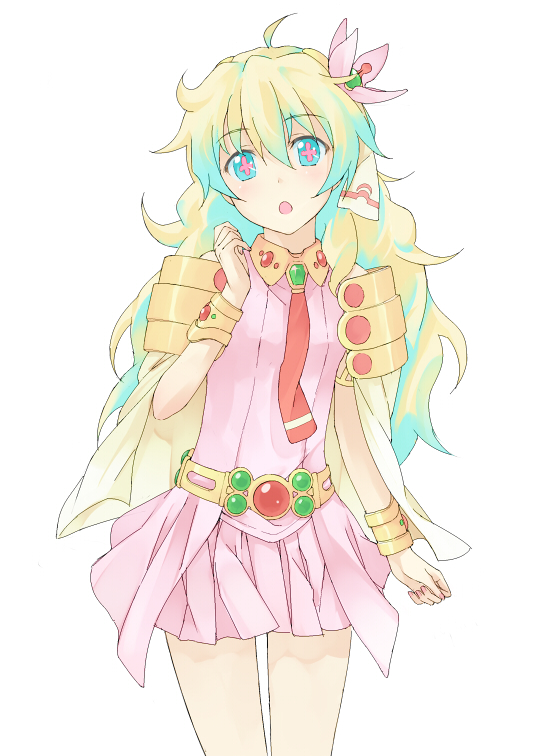 nnyu, nia teppelin, tengen toppa gurren lagann, bad id, bad pixiv id, + +, 00s, 1girl, :o, bracelet, cape, cross-shaped pupils, dress, female focus, flower, hair flower, hair ornament, jewelry, long hair, multicolored hair, necktie, pink dress, pink skirt, skirt, sleeveless, solo, symbol-shaped pupils