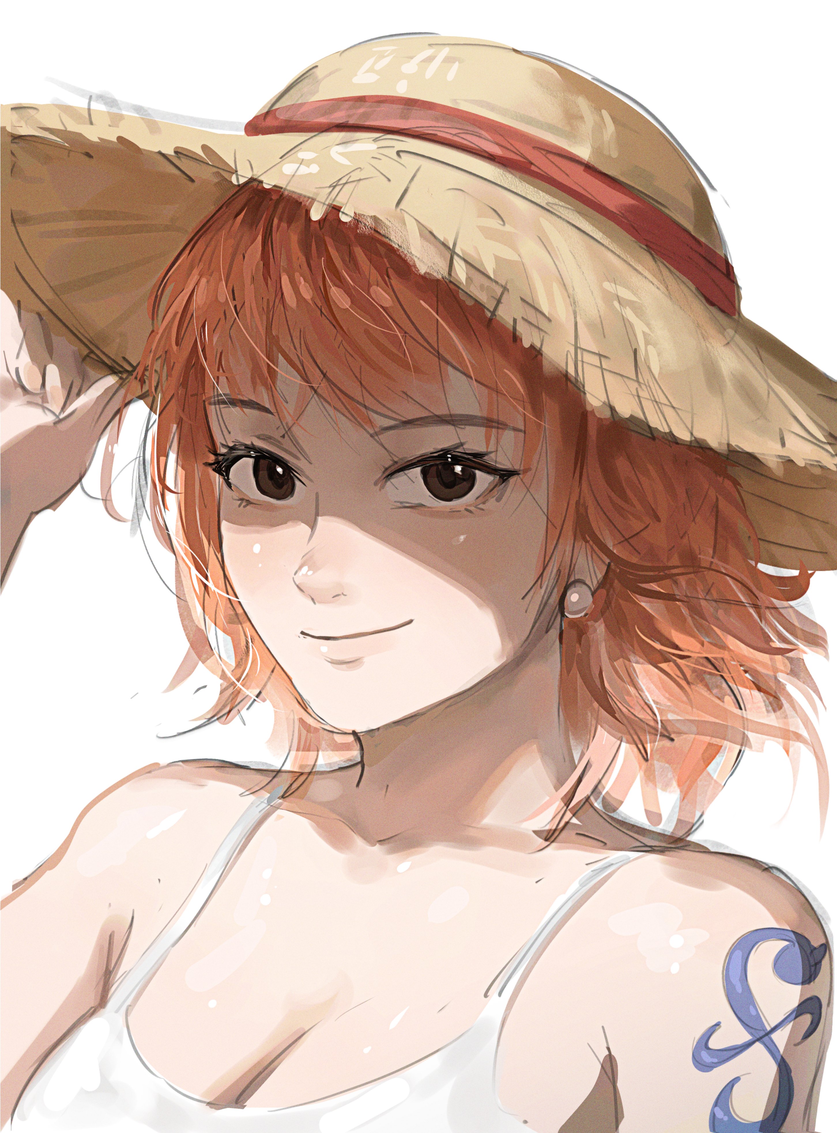 mon (icebuko), nami (one piece), one piece, absurdres, commentary, highres, symbol-only commentary, 1girl, bare shoulders, breasts, brown eyes, camisole, cleavage, closed mouth, collarbone, earrings, hand on headwear, hat, jewelry, large breasts, looking at viewer, orange hair, pearl earrings, short hair, shoulder tattoo, smile, solo, spaghetti strap, straw hat, tattoo, upper body, white background, white camisole