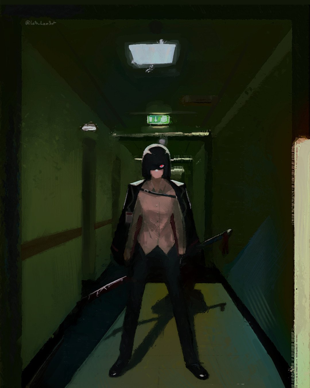 lets lam3nt, ryoshu (project moon), limbus company, project moon, commentary, english commentary, highres, 1girl, artist name, black hair, black jacket, black pants, collared shirt, hallway, indoors, jacket, jacket on shoulders, medium hair, pants, partially shaded face, red eyes, shadow, shirt, solo, sword, twitter username, weapon, white shirt