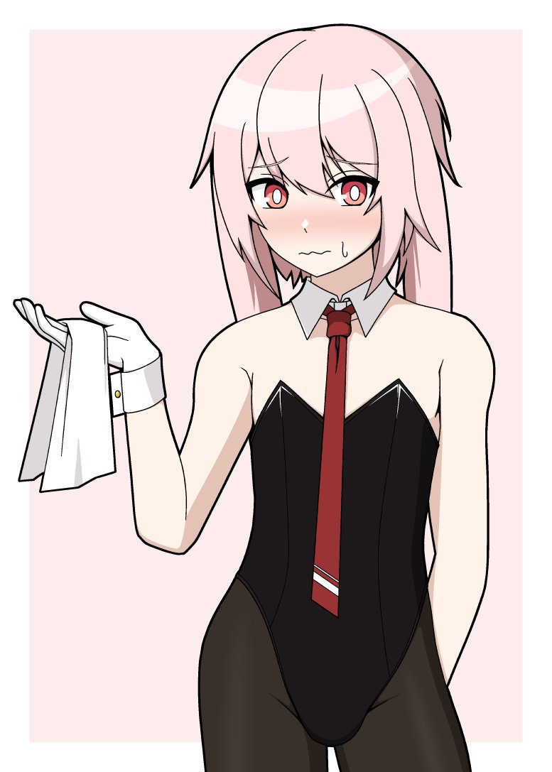 dr bulkman, ansel (arknights), arknights, 1boy, alternate costume, animal ears, bare shoulders, black leotard, blush, crossdressing, crossdressing (mtf), detached collar, floppy ears, gloves, leotard, looking at viewer, lop rabbit ears, male focus, necktie, pantyhose, pink hair, playboy bunny, rabbit boy, rabbit ears, red eyes, red necktie, simple background, solo, strapless, strapless leotard, white gloves, wrist cuffs