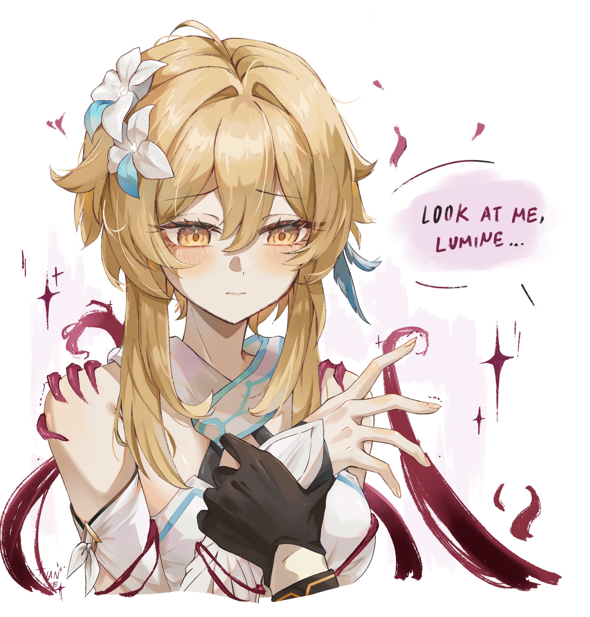 vanillashiii, aether (genshin impact), lumine (genshin impact), genshin impact, commentary, highres, 1boy, 1girl, black gloves, blonde hair, blush, closed mouth, cropped torso, detached sleeves, dress, english text, flower, gloves, grabbing another's arm, hair between eyes, hair flower, hair intakes, hair ornament, halter dress, halterneck, inteyvat flower (genshin impact), scarf, short hair with long locks, solo focus, upper body, white background, white dress, white scarf, white sleeves, yellow eyes