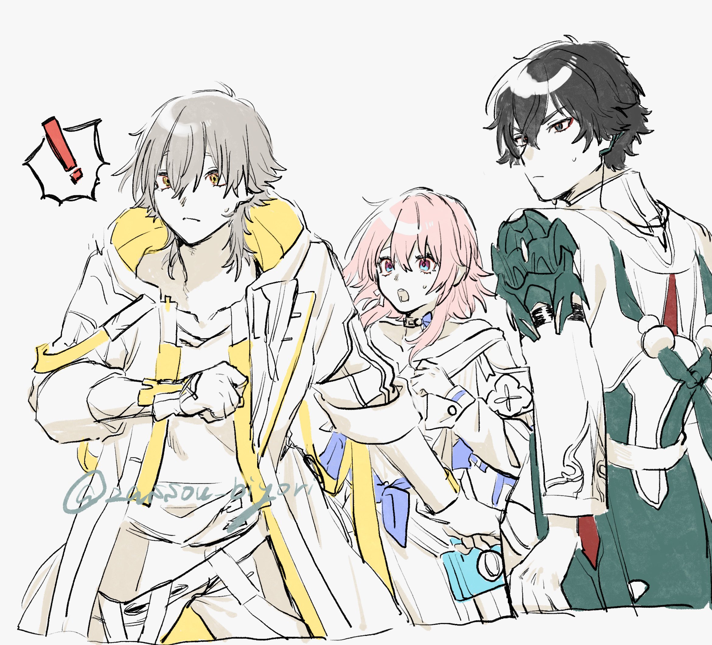 caelus (honkai: star rail), dan heng (honkai: star rail), dan heng (hunt) (honkai: star rail), march 7th (honkai: star rail), march 7th (preservation) (honkai: star rail), trailblazer (honkai: star rail), honkai: star rail, honkai (series), commentary request, highres, !, 1girl, 2boys, armor, artist name, beads, black choker, black eyes, blue eyes, blue jacket, blue ribbon, camera, chinese clothes, choker, clenched hand, closed mouth, coat, collarbone, collared shirt, cowboy shot, earclip, earrings, eyeshadow, fingerless gloves, from behind, from side, gloves, green coat, grey hair, hair between eyes, hand up, hood, hooded coat, jacket, jewelry, lapels, long sleeves, looking to the side, makeup, multicolored coat, multicolored eyes, multiple boys, open clothes, open coat, open jacket, open mouth, pants, partially colored, pink hair, pleated skirt, purple eyes, purple pupils, red eyeshadow, ribbon, shirt, short hair, shoulder armor, sidelocks, simple background, single earring, skirt, standing, sweatdrop, t-shirt, teeth, tied jacket, two-tone coat, v-shaped eyebrows, white background, white coat, wide-eyed, yellow coat, yellow eyes, zassou biyori