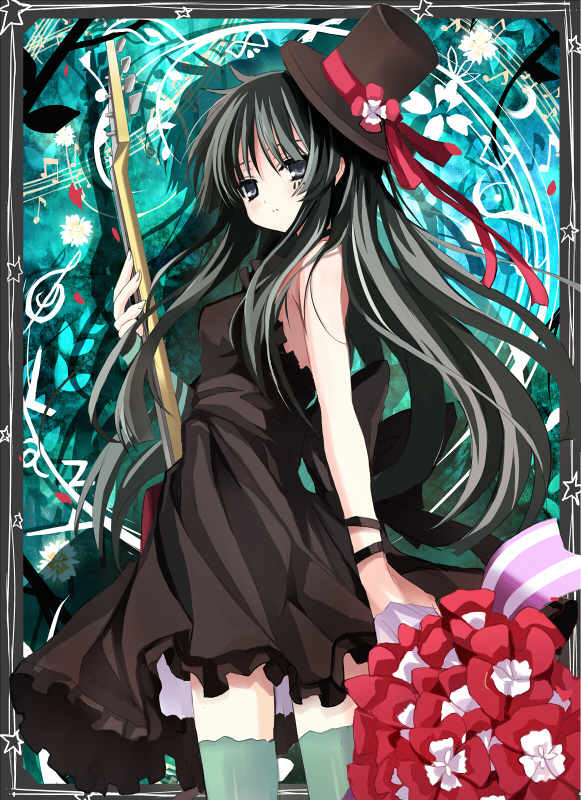 shino (eefy), akiyama mio, don't say "lazy", k-on!, 00s, 1girl, black hair, dress, female focus, flower, gothic lolita, guitar, hat, instrument, lolita fashion, long hair, looking back, mini hat, mini top hat, musical note, solo, thighhighs, top hat