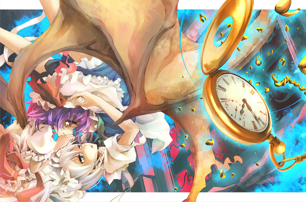 dain, izayoi sakuya, remilia scarlet, touhou, silver hair, bad id, bad pixiv id, 2girls, bat wings, blue eyes, braid, female focus, hat, multiple girls, pocket watch, purple hair, red eyes, short hair, twin braids, watch, wings