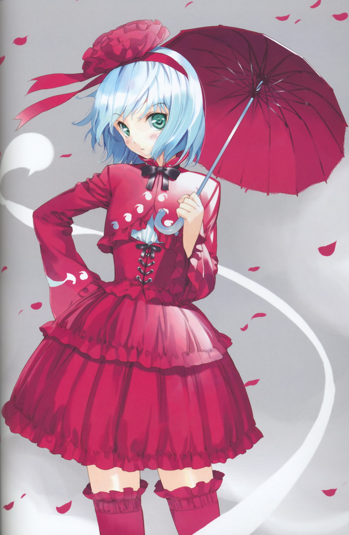 ueda ryou, konpaku youmu, konpaku youmu (ghost), touhou, silver hair, highres, 1girl, aqua eyes, female focus, flower, gothic lolita, hair flower, hair ornament, hairband, hitodama, lolita fashion, short hair, solo, thighhighs, umbrella, zettai ryouiki