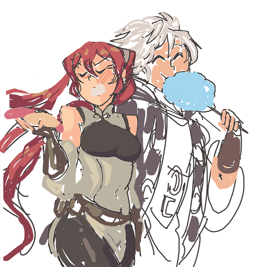 davewaterfalls, severa (fire emblem), fire emblem, fire emblem awakening, nintendo, unfinished, 1boy, 1girl, closed eyes, cotton candy, couple, hot dog, red hair, white hair