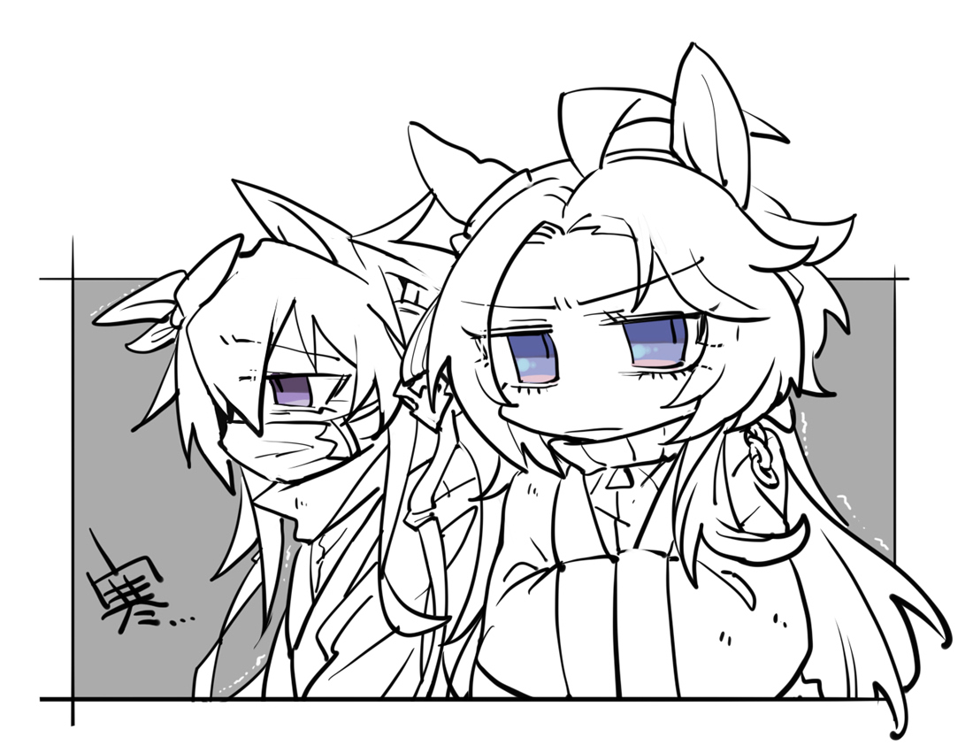 beer hsk, orfevre (old design) (umamusume), orfevre (umamusume), umamusume, 2girls, ahoge, animal ears, cold, grey background, hair between eyes, hands in opposite sleeves, horse ears, jacket, long hair, long sleeves, mask, monochrome, mouth mask, multicolored hair, multiple girls, purple eyes, spot color, track jacket, trembling, two-tone hair, white background, wide sleeves