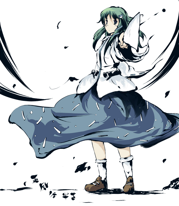 ryuu, ryuu (tsukinoyuki), kochiya sanae, touhou, 1girl, female focus, foreshortening, full body, gohei, oonusa, solo, standing