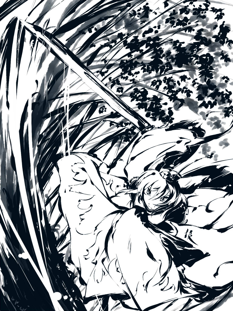 ryuu, ryuu (tsukinoyuki), inubashiri momiji, touhou, 1girl, female focus, greyscale, hat, monochrome, solo, sword, tokin hat, weapon