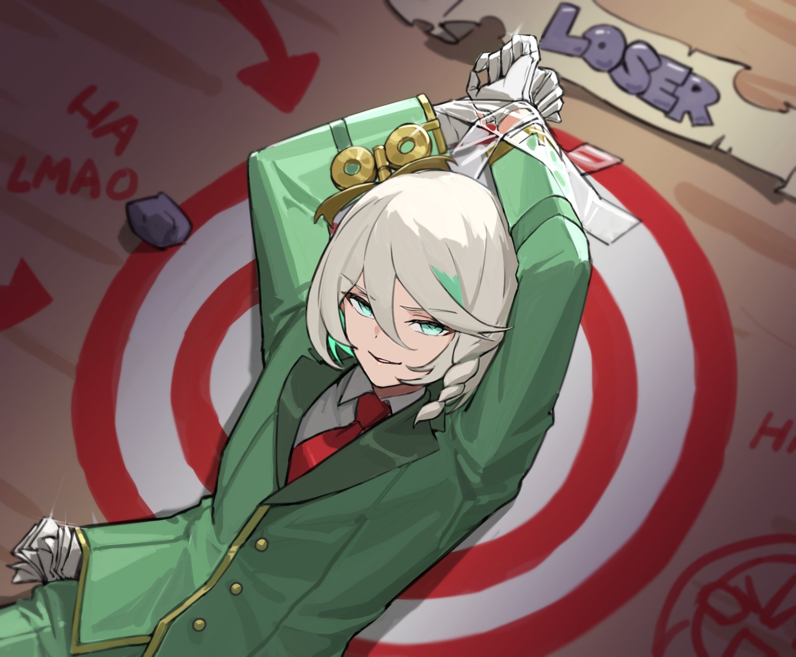cecilia immergreen, hololive, hololive english, highres, 1girl, alternate costume, arms up, braid, formal clothes, gloves, green eyes, green suit, grey hair, necktie, red necktie, ron melon, side braid, suit, taped hands, target, virtual youtuber, white gloves, winding key