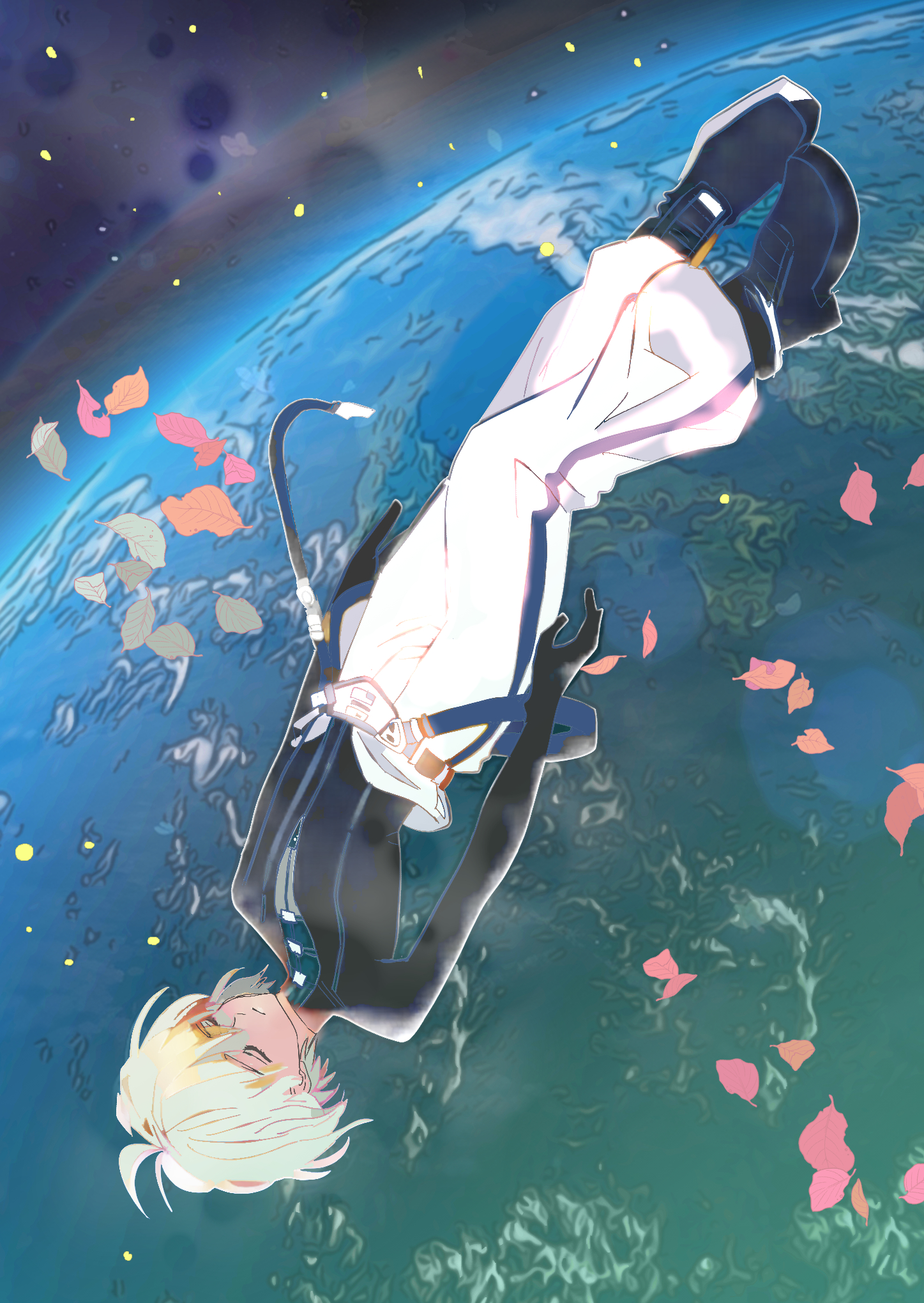 chaos (xenosaga), xenosaga, xenosaga episode iii, commentary request, highres, spoilers, 1boy, black shoes, closed eyes, closed mouth, earth (planet), full body, male focus, midair, mon 7291, pants, planet, shoes, solo, space, white hair, white pants