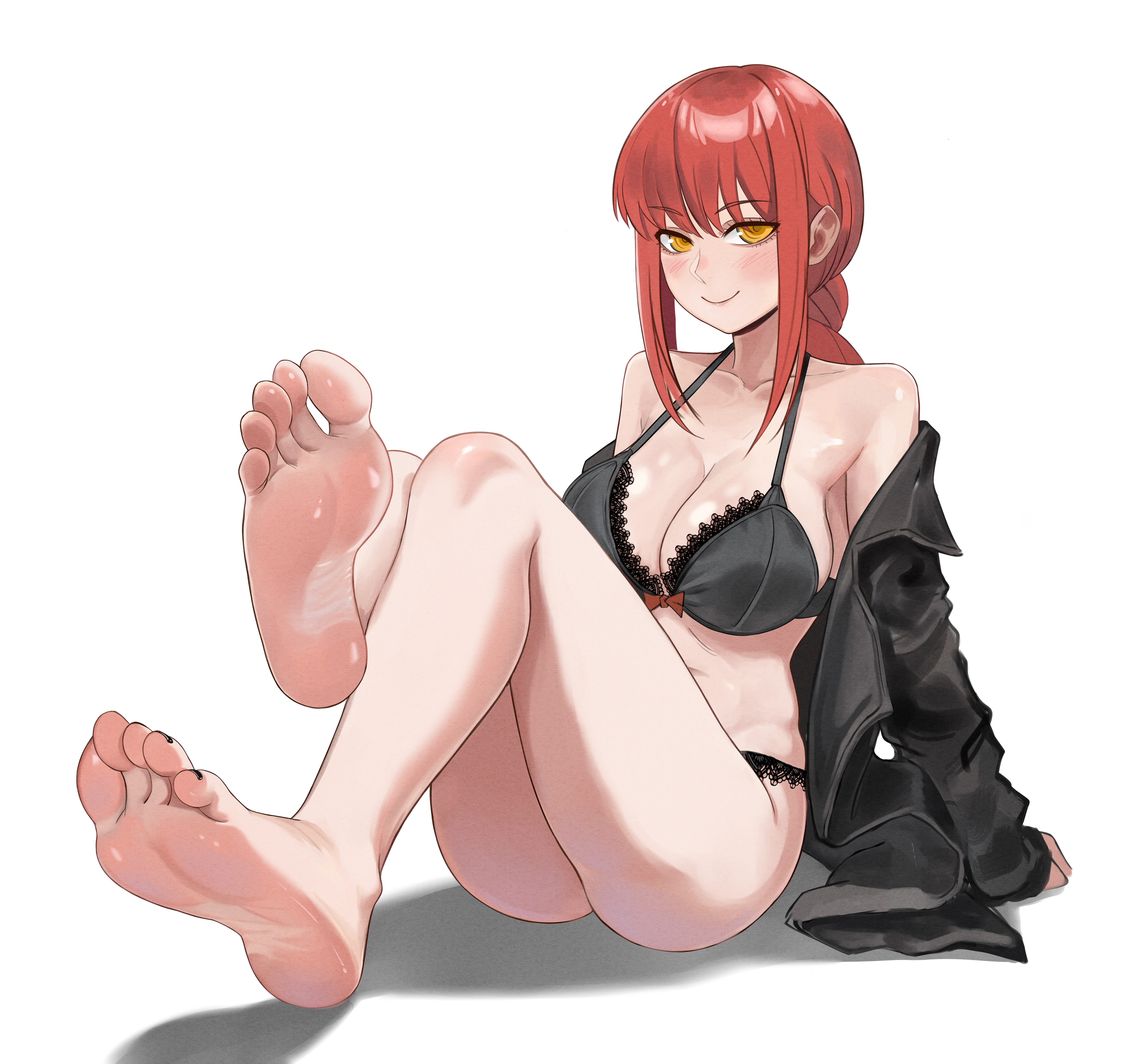 mimiminano, makima (chainsaw man), chainsaw man, absurdres, highres, 1girl, barefoot, blush, bra, braid, feet, long hair, looking at viewer, panties, red hair, single braid, smile, soles, toes, underwear, yellow eyes