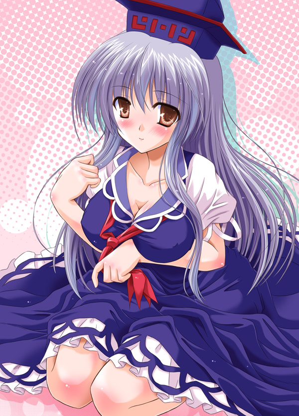 yamu (reverse noise), kamishirasawa keine, touhou, 1girl, blush, breasts, cleavage, female focus, hat, long hair, sitting, solo, yellow eyes