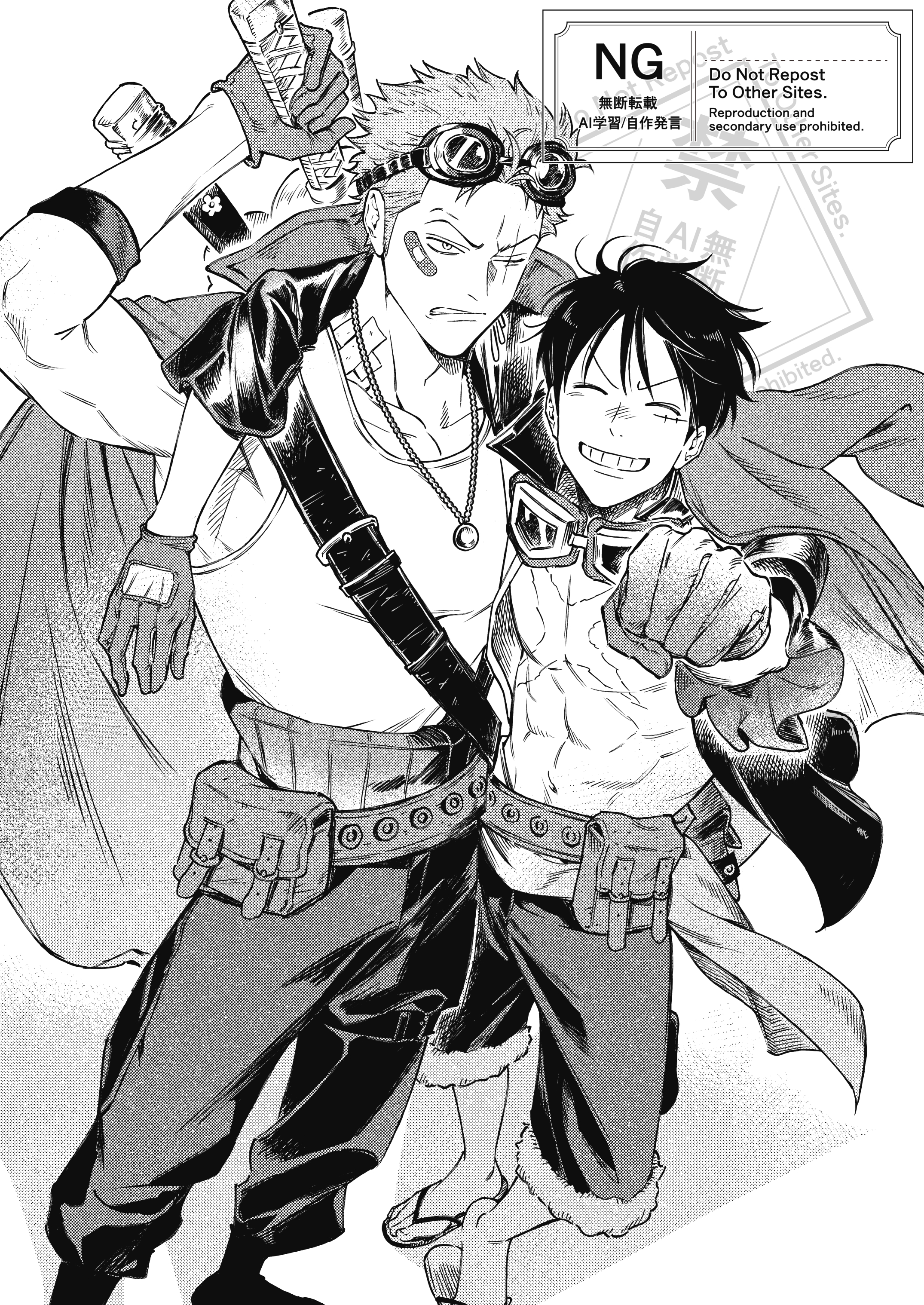 monkey d. luffy, roronoa zoro, one piece, absurdres, commentary, highres, symbol-only commentary, 2boys, abs, alternate costume, arm around shoulder, arm up, bandaid, bandaid on cheek, bandaid on face, belt, closed eyes, coat, coat on shoulders, cross scar, evrinuk, facial scar, facing viewer, feet out of frame, fur-trimmed shorts, fur trim, gloves, goggles, goggles around neck, goggles on head, greyscale, grin, haramaki, holding, holding sword, holding weapon, jewelry, katana, male focus, monochrome, multiple boys, necklace, pants, raised fist, sandals, sash, scar, scar across eye, scar on cheek, scar on chest, scar on face, short hair, shorts, smile, standing, sword, sword on back, tank top, weapon, weapon on back