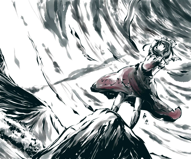 ryuu, ryuu (tsukinoyuki), kagiyama hina, touhou, 1girl, arm up, boots, closed mouth, cloud, cloudy sky, dress, dutch angle, expressionless, female focus, frilled sleeves, frills, front ponytail, green eyes, green hair, knee boots, looking at viewer, mountain, outdoors, puffy short sleeves, puffy sleeves, red dress, short sleeves, sky, smoke, solo, standing