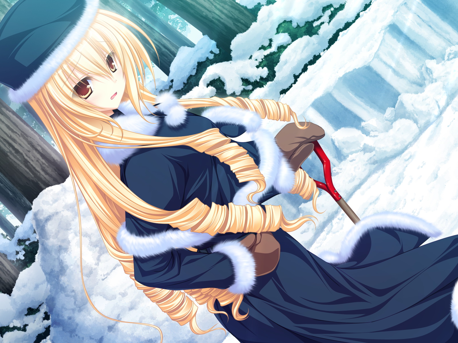 mikagami mamizu, tenmaso, koshimizu rin, 77: and the two stars meet again, game cg, highres, blonde hair, coat, drill hair, hat, long hair, mittens, orange eyes, shovel, snow, solo, worktool