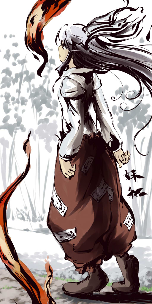 ryuu, ryuu (tsukinoyuki), fujiwara no mokou, touhou, 1girl, female focus, fire, full body, solo