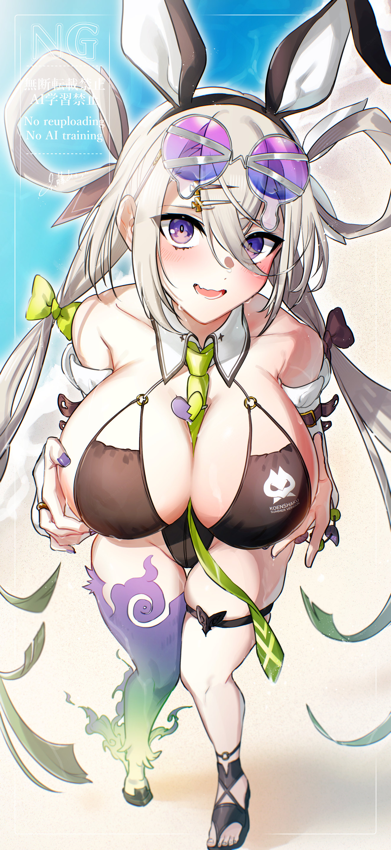 rokufuji m, huyan zhuo (fate), huyan zhuo (swimsuit berserker) (fate), fate/grand order, fate (series), absurdres, highres, 1girl, animal ears, bare shoulders, black one-piece swimsuit, blush, breasts, cleavage, detached collar, detached sleeves, eyewear on head, fake animal ears, full body, grey hair, hair between eyes, hair ornament, hair rings, hairclip, highleg, highleg one-piece swimsuit, large breasts, long hair, looking at viewer, low twintails, necktie, one-piece swimsuit, open mouth, purple eyes, smile, solo, sunglasses, swimsuit, thigh strap, twintails, very long hair