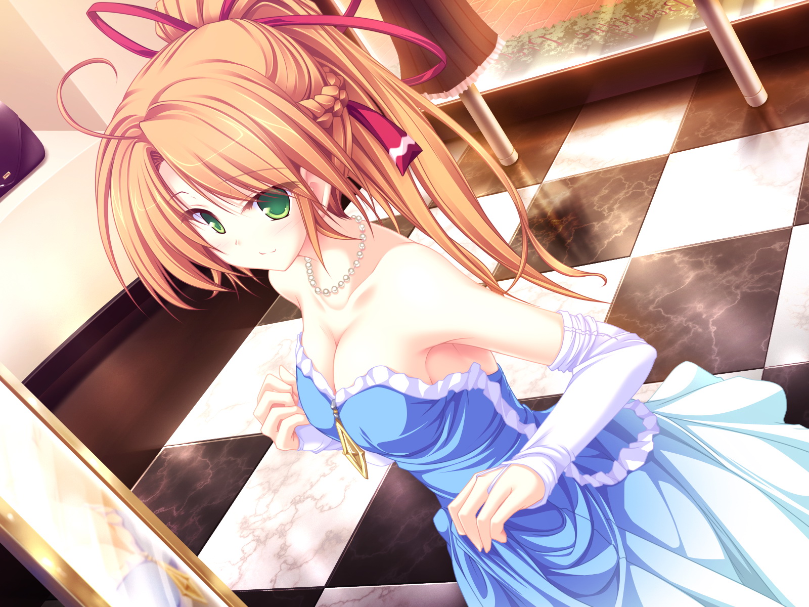 tenmaso, hoshiba sora, 77: and the two stars meet again, highres, 1girl, breasts, cleavage, dress, female focus, green eyes, indoors, jewelry, necklace, orange hair, ponytail, solo, strapless, strapless dress