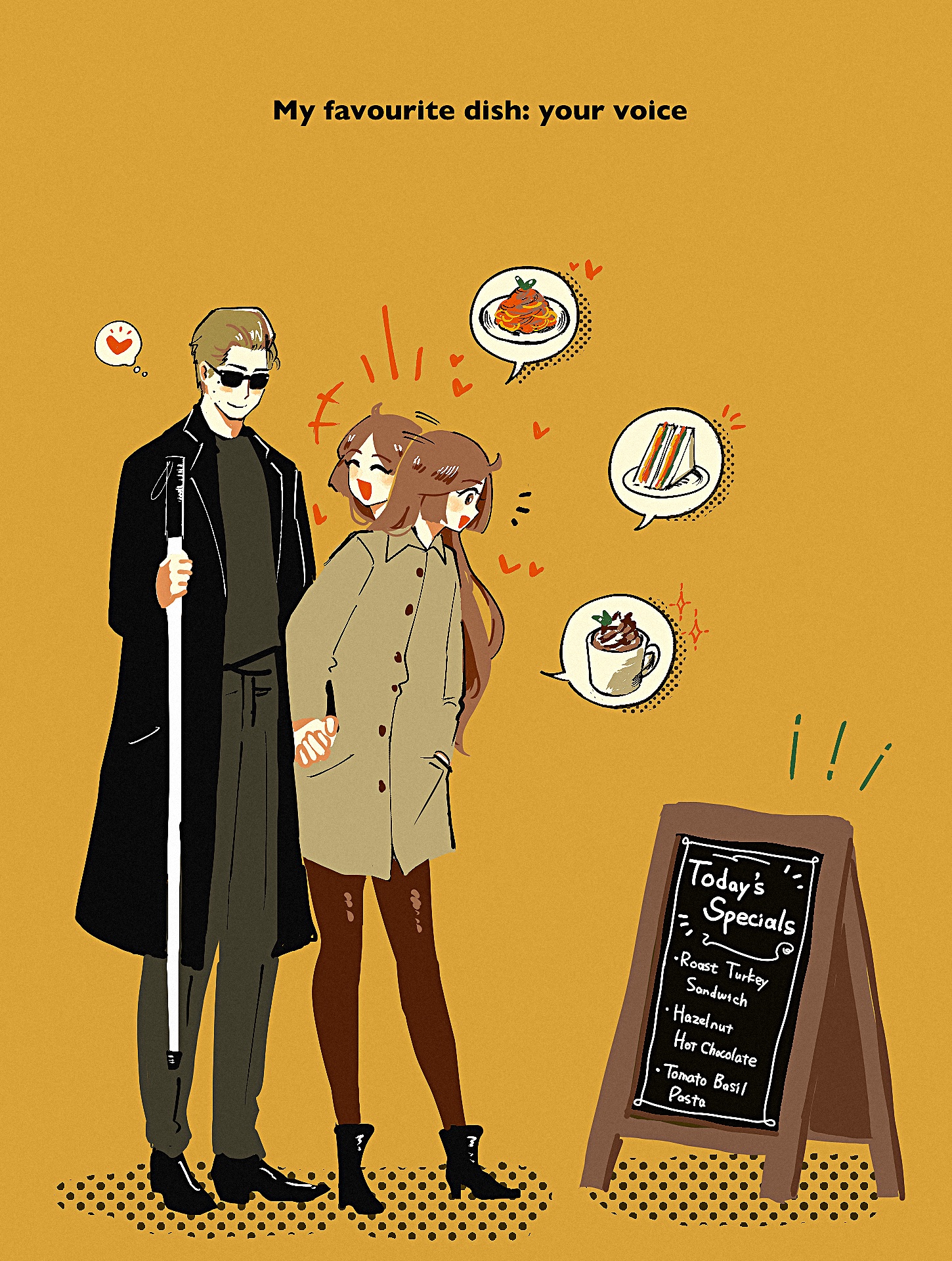 tamayula hl, original, commentary, english commentary, highres, 1boy, 1girl, ahoge, ben-day dots, black boots, black coat, black shoes, blind, blush, boots, brown hair, brown pantyhose, cane, coat, dress pants, english text, excited, full body, hand in pocket, heart, hetero, high heel boots, high heels, holding, holding cane, holding hands, long hair, looking at another, orange background, pantyhose, screentones, shoes, sign, simple background, smile, speech bubble, spoken food, talking, thought bubble, turning head