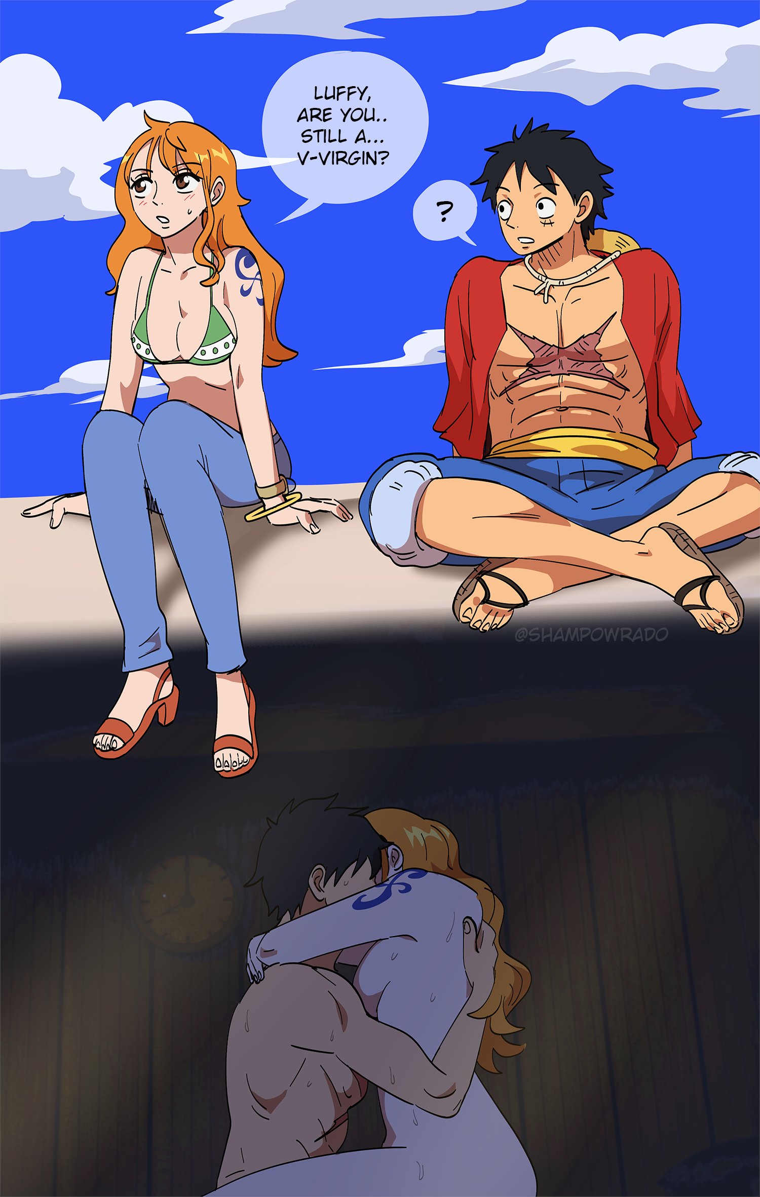 shampowrado, monkey d. luffy, nami (one piece), one piece, tokyo ghoul, tokyo ghoul:re, commentary, english commentary, highres, 1boy, 1girl, ?, abs, are you a virgin? (meme), arm support, arms around neck, averting eyes, bangle, bare shoulders, bikini, bikini top only, black hair, blue pants, blue shorts, blue sky, blush, bracelet, breasts, brown eyes, cleavage, cloud, cloudy sky, collarbone, cross scar, denim, english text, facial scar, from side, fur-trimmed shorts, fur trim, green bikini, hat, hetero, high heel sandals, hug, implied sex, indian style, jeans, jewelry, large breasts, log pose, long hair, looking at another, meme, nude, open clothes, open shirt, orange hair, pants, parody, parted lips, profile, red shirt, sandals, sash, scar, scar on cheek, scar on chest, scar on face, shirt, shorts, shoulder tattoo, single sidelock, sitting, sky, speech bubble, spoken question mark, stomach, straw hat, sweat, sweatdrop, swimsuit, tattoo, yellow sash