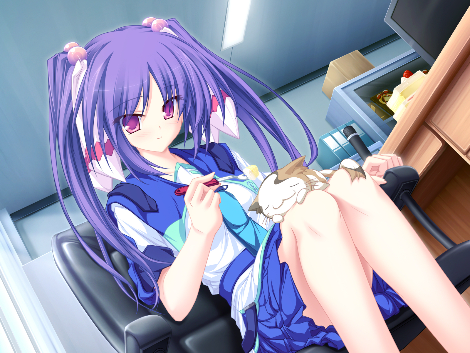 tenmaso, narukami aoi, 77: and the two stars meet again, highres, 1girl, :3, blush, cake, cat, chair, eating, female focus, food, fruit, hair bobbles, hair ornament, hair ribbon, pastry, pink eyes, purple hair, ribbon, school uniform, sitting, smile, solo, strawberry, tsurime, twintails