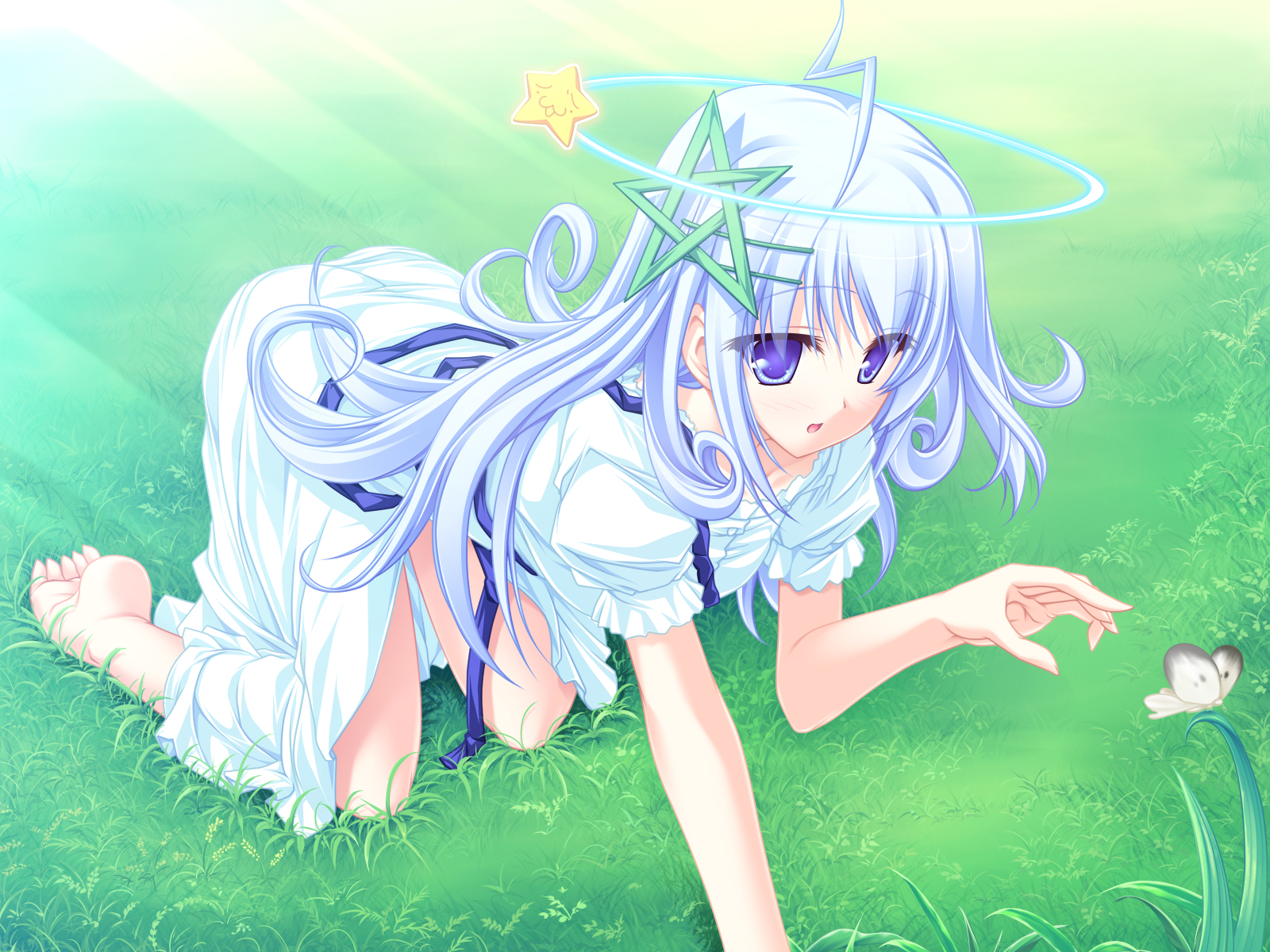tenmaso, kuu (77), 77: and the two stars meet again, game cg, highres, 1girl, ahoge, bad anatomy, bad feet, barefoot, blue eyes, blue hair, bug, butterfly, feet, female focus, grass, insect, long hair, matching hair/eyes, nature, outdoors, pentagram, poorly drawn, soles, solo, star (symbol), toes