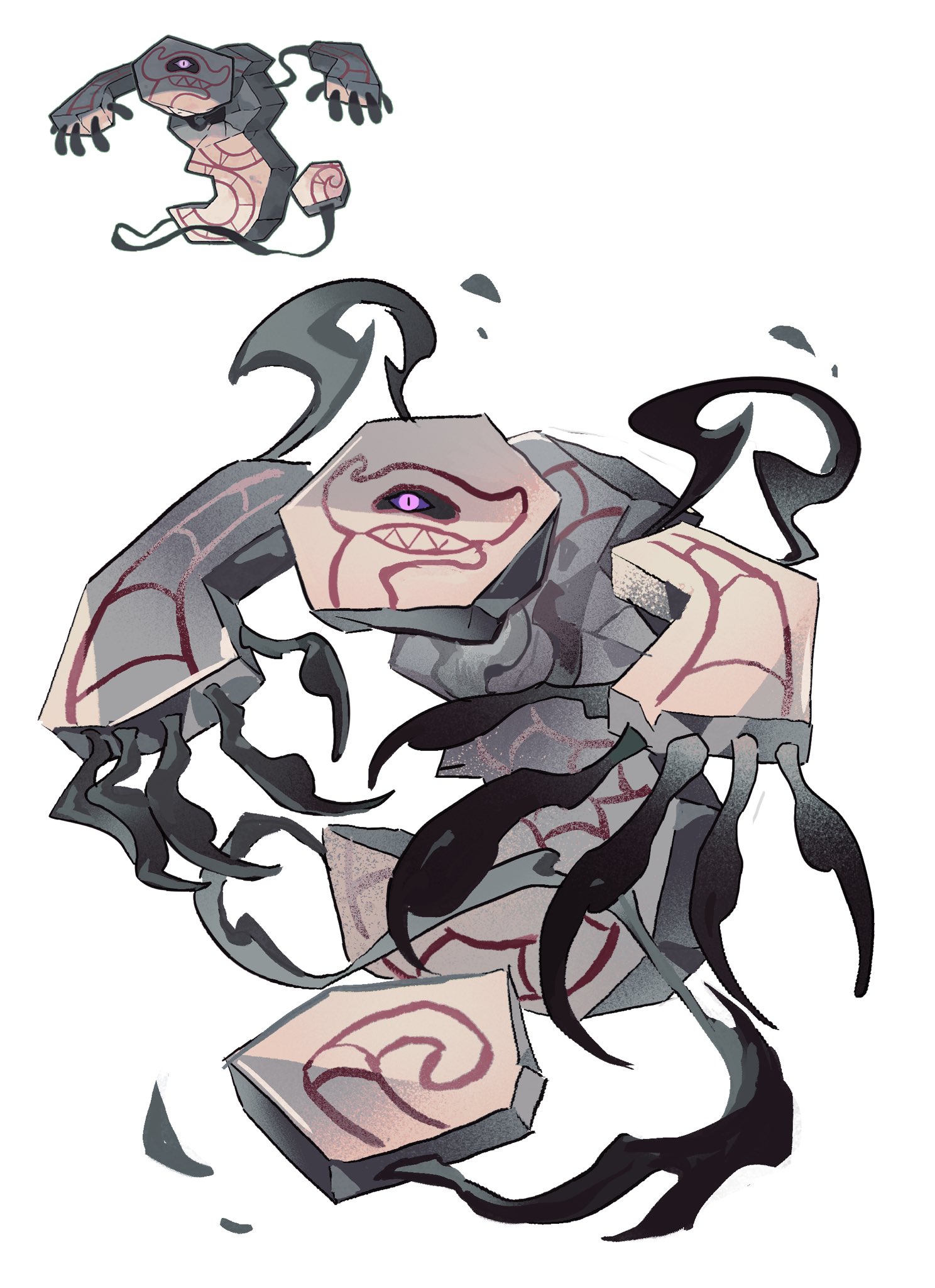 bairizuomeng, runerigus, nintendo, pokemon, highres, black sclera, claws, colored sclera, full body, gen 8 pokemon, looking at viewer, no humans, pokemon (creature), pokemon focus, purple eyes, reference inset, simple background, solo, white background