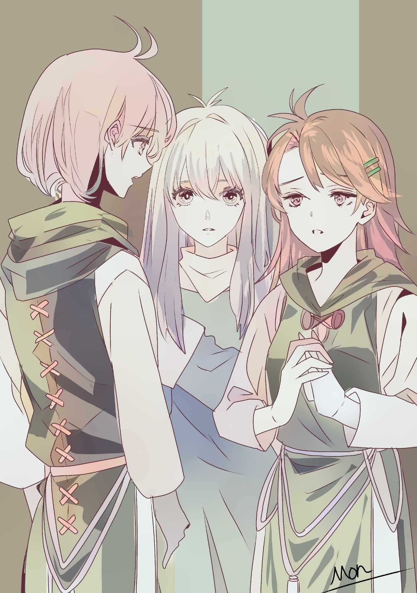 chaos (xenosaga), nephilim (xenosaga), xenosaga, xenosaga episode iii, commentary request, highres, spoilers, 1boy, 2girls, brown hair, eyelashes, green hood, hair ornament, hairclip, looking at viewer, mary magdalene (xenosaga), mon 7291, multiple girls, own hands together, signature, standing, white hair