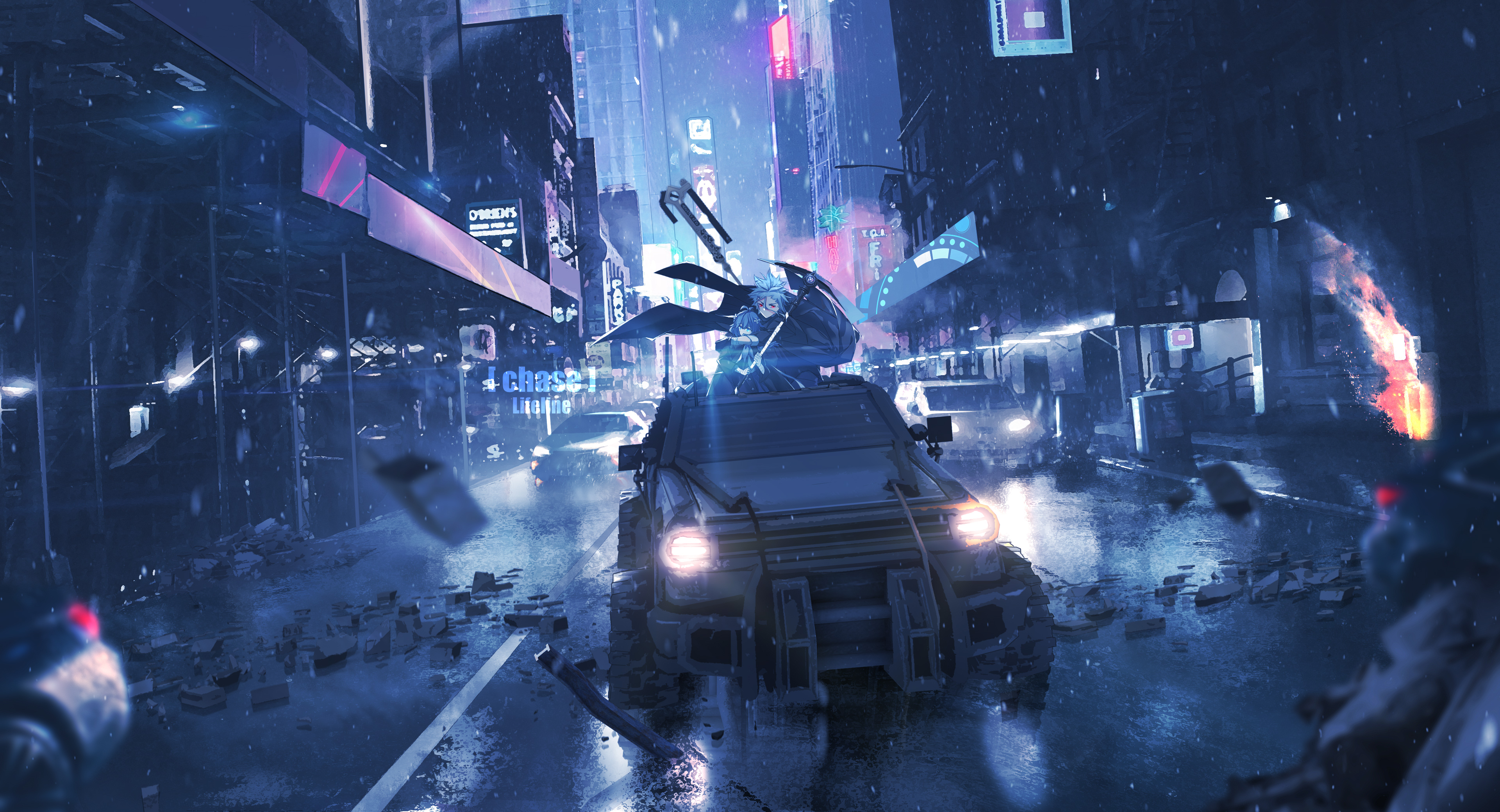 lifeline (a384079959), forever 7th capital, absurdres, character request, chinese commentary, commentary request, highres, 1boy, 1girl, arm around neck, arm wrap, artist name, bandaged arm, bandaged hand, bandages, blue eyes, blue hair, building, car, city, debris, floating cape, floating clothes, hair between eyes, hand wraps, headlight beam, holding, holding scythe, motor vehicle, neon sign, night, outdoors, red eyes, road, scenery, scythe, skyscraper, sports utility vehicle, street, tu qieqie, urban, vehicle focus, wet pavement