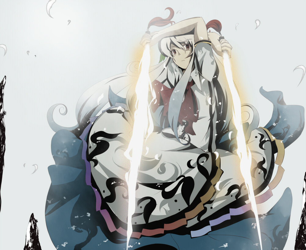 ryuu, ryuu (tsukinoyuki), hinanawi tenshi, touhou, 1girl, dual wielding, energy sword, female focus, holding, solo, sword, sword of hisou, weapon