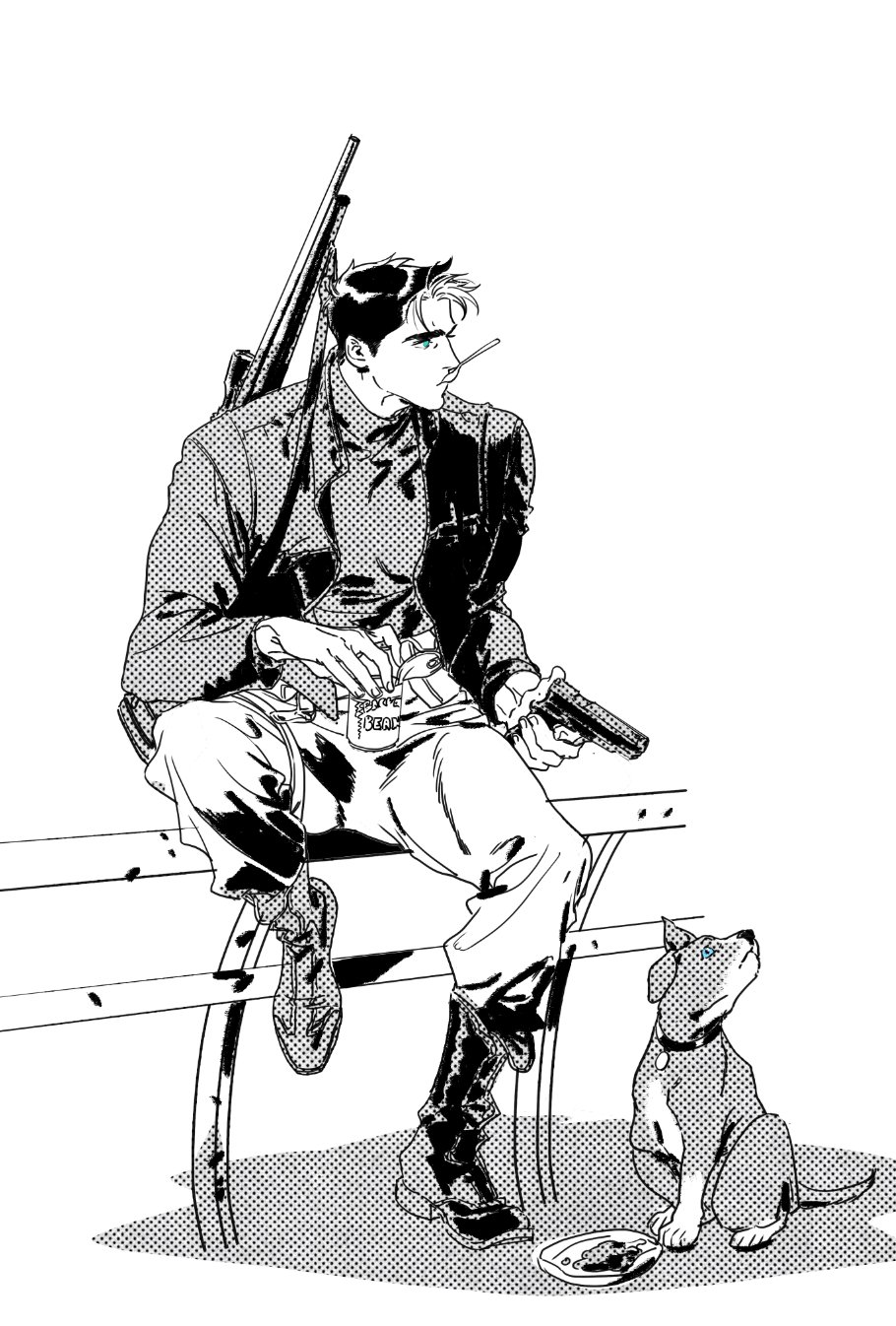 jason todd, batman (series), dc comics, highres, 1boy, amputee, animal ears, black hair, blue eyes, bodysuit, brown jacket, dog, dog ears, dog tail, gun, holding, holding gun, holding weapon, jacket, male focus, multicolored hair, muscular, muscular male, open clothes, pants, sampopcorm, short hair, streaked hair, tail, taut bodysuit, weapon