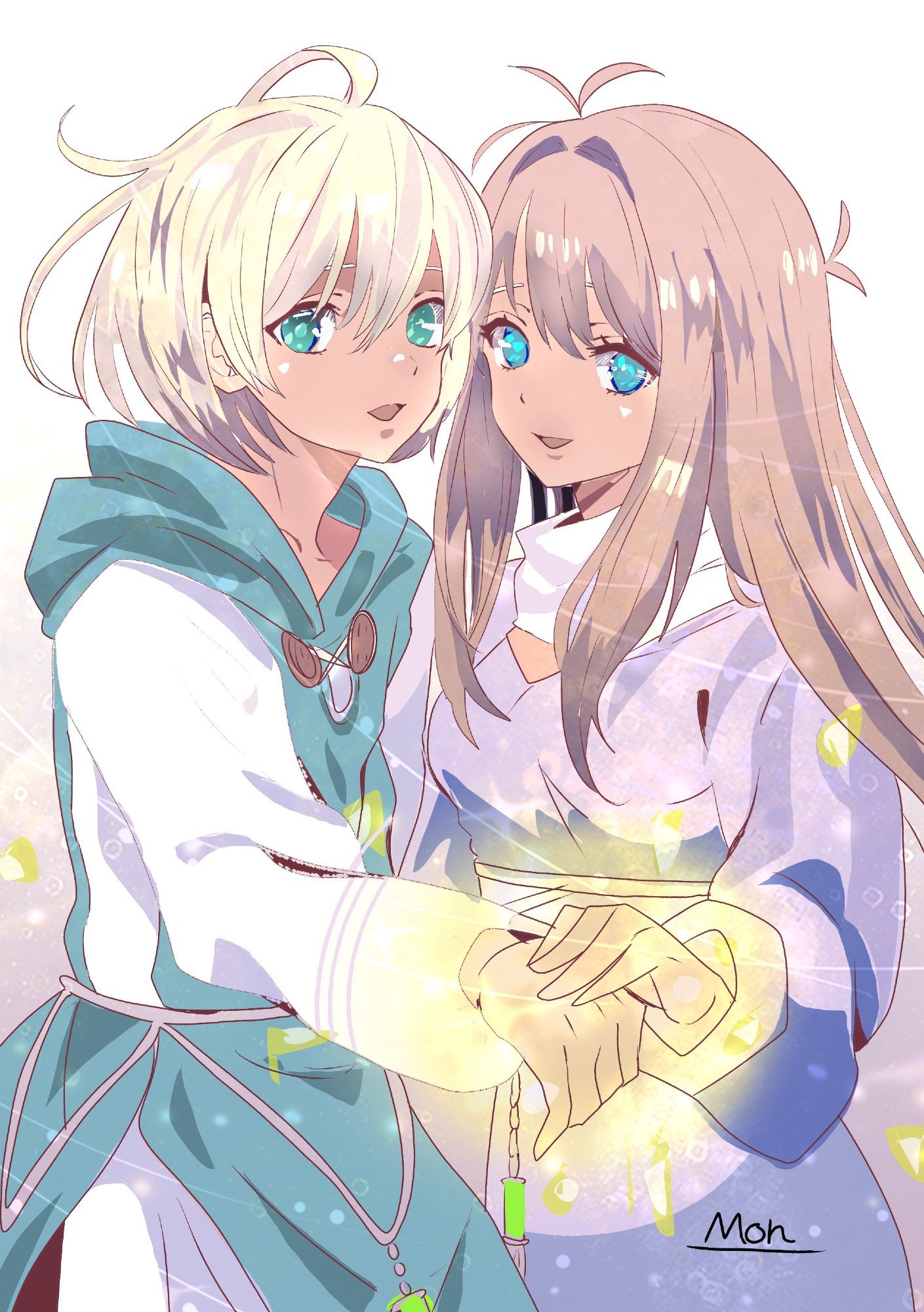 chaos (xenosaga), xenosaga, xenosaga episode iii, commentary request, highres, spoilers, 1boy, 1girl, :d, aqua eyes, blue eyes, brown hair, dark-skinned female, dark-skinned male, dark skin, glowing, looking at viewer, mary magdalene (xenosaga), mon 7291, open mouth, signature, smile, white background, white hair