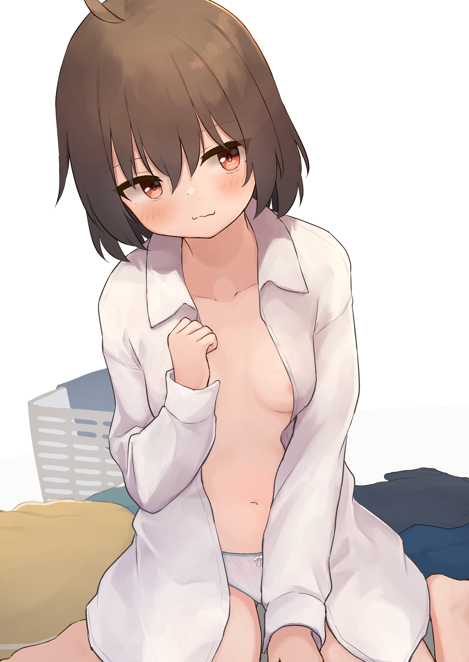 centi mnkt, original, highres, 1girl, ahoge, areola slip, blush, bob cut, bow, bow panties, breasts, brown hair, collarbone, collared shirt, dot nose, feet out of frame, hair between eyes, haruka (centi mnkt), laundry, laundry basket, looking at viewer, navel, nipples, open clothes, open shirt, panties, red eyes, shirt, short hair, simple background, sitting, small breasts, smile, underwear, wariza, wavy mouth, white background, white panties, white shirt