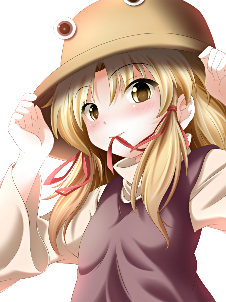 sui. (ayase), moriya suwako, touhou, bad id, bad pixiv id, highres, 1girl, blonde hair, blush, close-up, female focus, flat chest, hand on headwear, hat, looking down, mouth hold, ribbon, ribbon in mouth, solo, yellow eyes