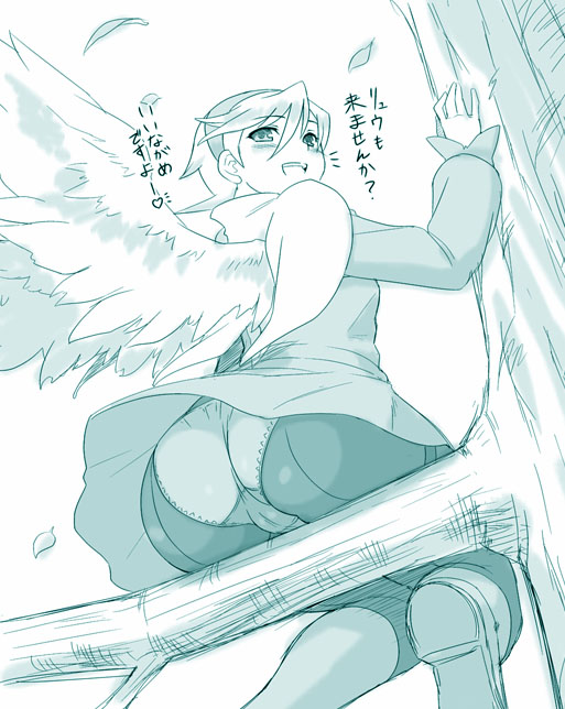 dr.p, nina (breath of fire iv), breath of fire, breath of fire iv, crotch, translated, 1girl, angel wings, ass, blush, boots, cameltoe, dress, female focus, in tree, looking back, monochrome, open mouth, panties, panties under pantyhose, pantyhose, pantyshot, short dress, simple background, sitting, smile, solo, tree, trefoil, underwear, upskirt, white background, wings