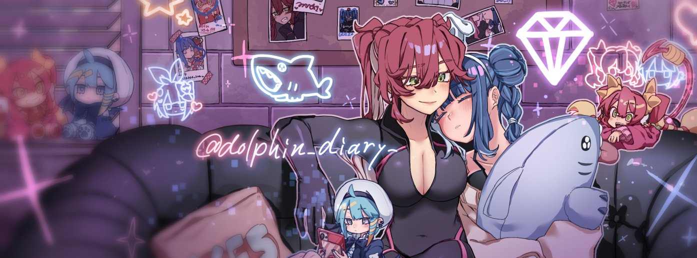 iruka no kasa (dolphin diary), evil twin ki-sikil, evil twin lil-la, ki-sikil (yu-gi-oh!), lil-la (yu-gi-oh!), yu-gi-oh!, black bodysuit, blue hair, blue wings, blush, bodysuit, breasts, cleavage, couple, demon girl, demon wings, duel monster, green eyes, heart, jacket, large breasts, long hair, multiple girls, pink hair, purple eyes, red hair, short hair, twitter username, wings, yuri