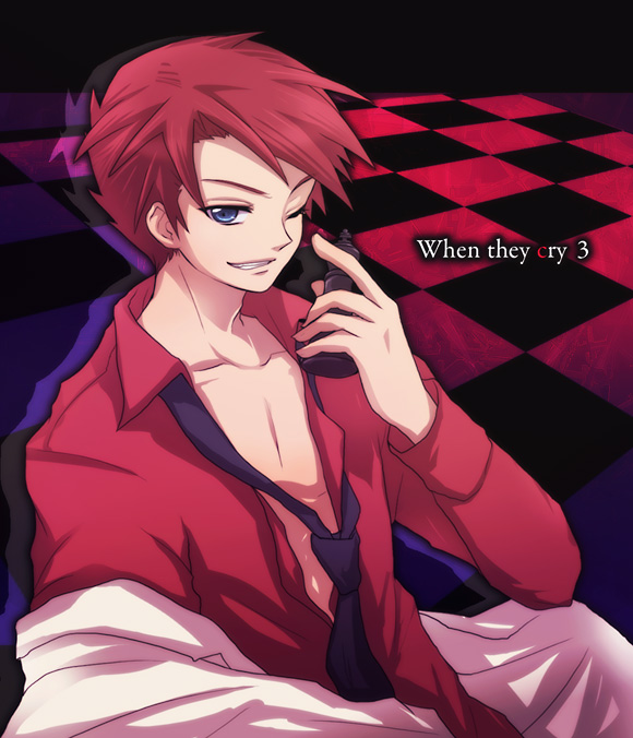 uka (color noise), ushiromiya battler, umineko no naku koro ni, bad id, bad pixiv id, 00s, 1boy, ;d, black necktie, checkered floor, collarbone, dress shirt, grin, long sleeves, looking at viewer, male focus, necktie, one eye closed, open mouth, red hair, shirt, smile, solo, teeth, text focus, wink