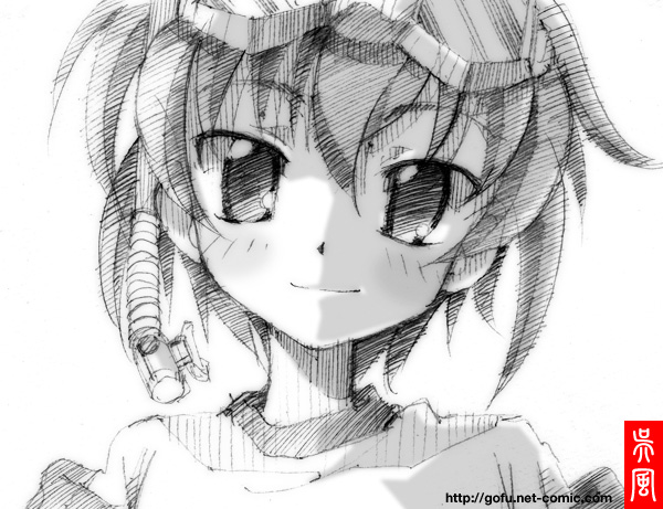 gofu, azuma hinata, kanamemo, traditional media, 00s, goggles, greyscale, looking at viewer, monochrome, short hair, sketch, smile, solo