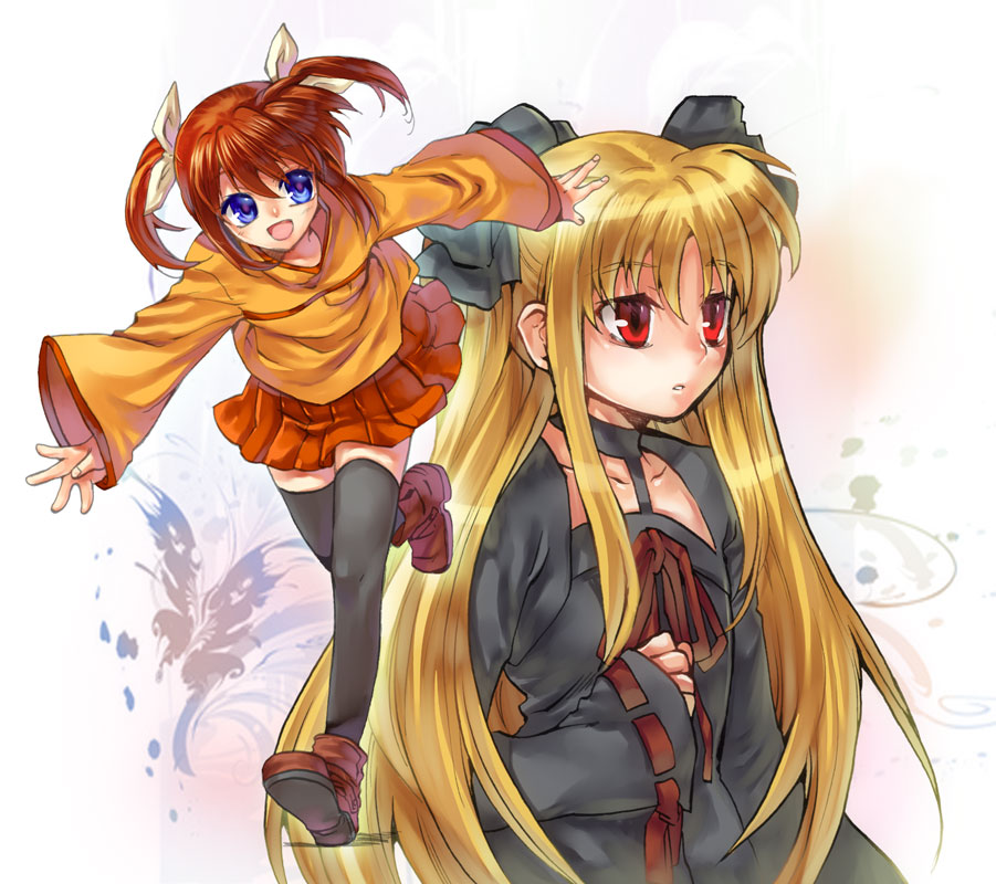 komeo, tenkuu sphere, fate testarossa, takamachi nanoha, lyrical nanoha, mahou shoujo lyrical nanoha, bad id, bad pixiv id, 00s, 2girls, blonde hair, blue eyes, brown hair, casual, legs, multiple girls, open mouth, orange shirt, red eyes, shirt, thighhighs, zettai ryouiki