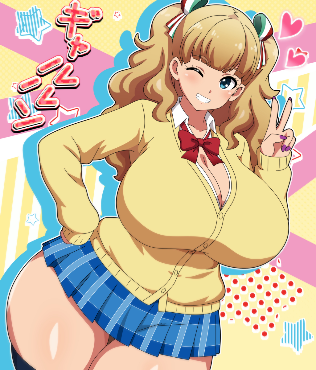 hitokiwa kenchin, inazuma eleven (series), character request, 1girl, alternate breast size (larger), black thighhighs, blonde hair, blue eyes, blue skirt, bow, bowtie, breasts, cardigan, cleavage, closed mouth, collared shirt, galko (cosplay), gyaru, hair bow, hand on own hip, multicolored bow, one eye closed, red bow, school uniform, shirt, skirt, smile, standing, teeth, thighhighs, twintails, v, white bow, white shirt, wink, yellow background, yellow cardigan