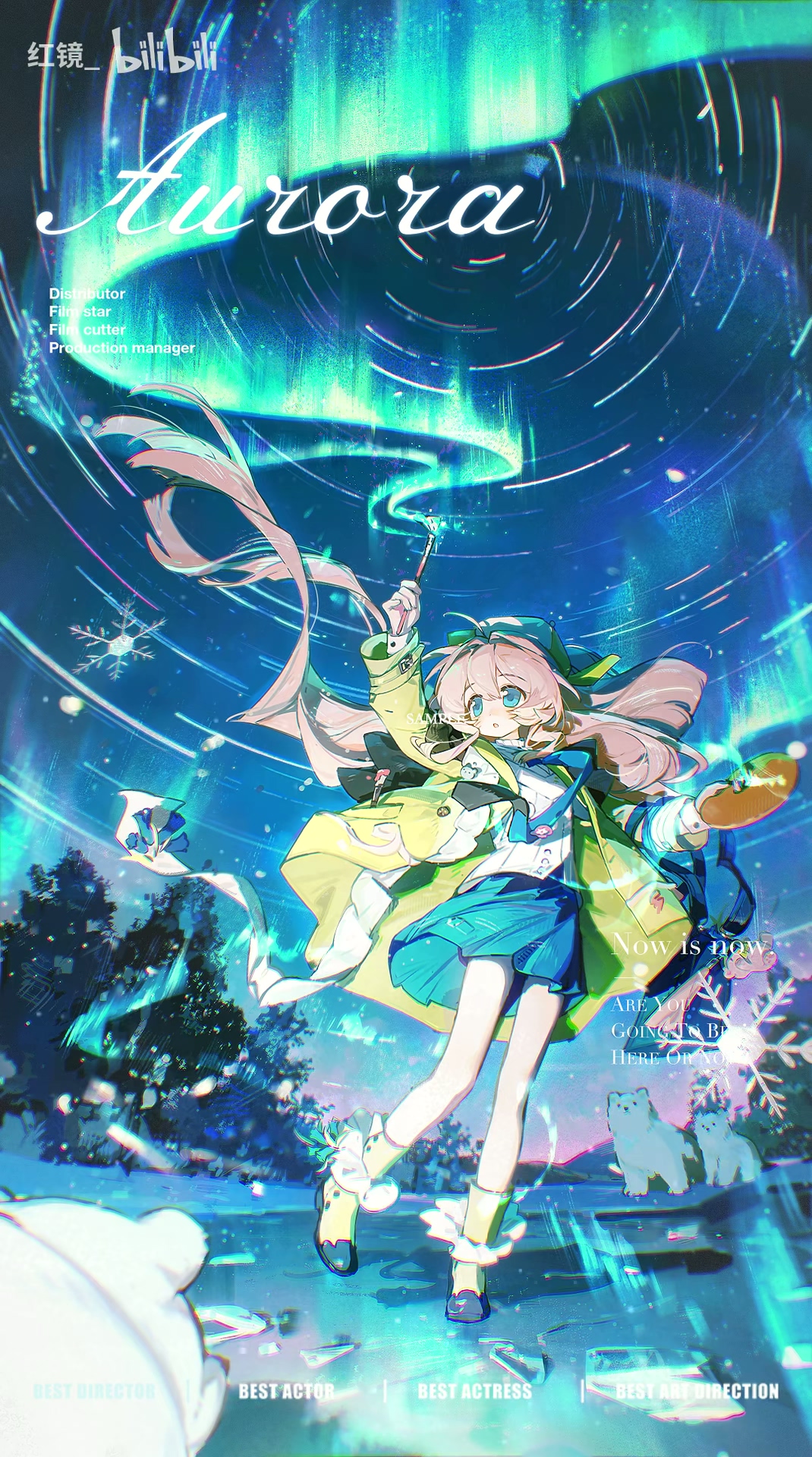 original, commission, 1girl, aurora, bear, night, paint palette, paintbrush, polar bear, snow