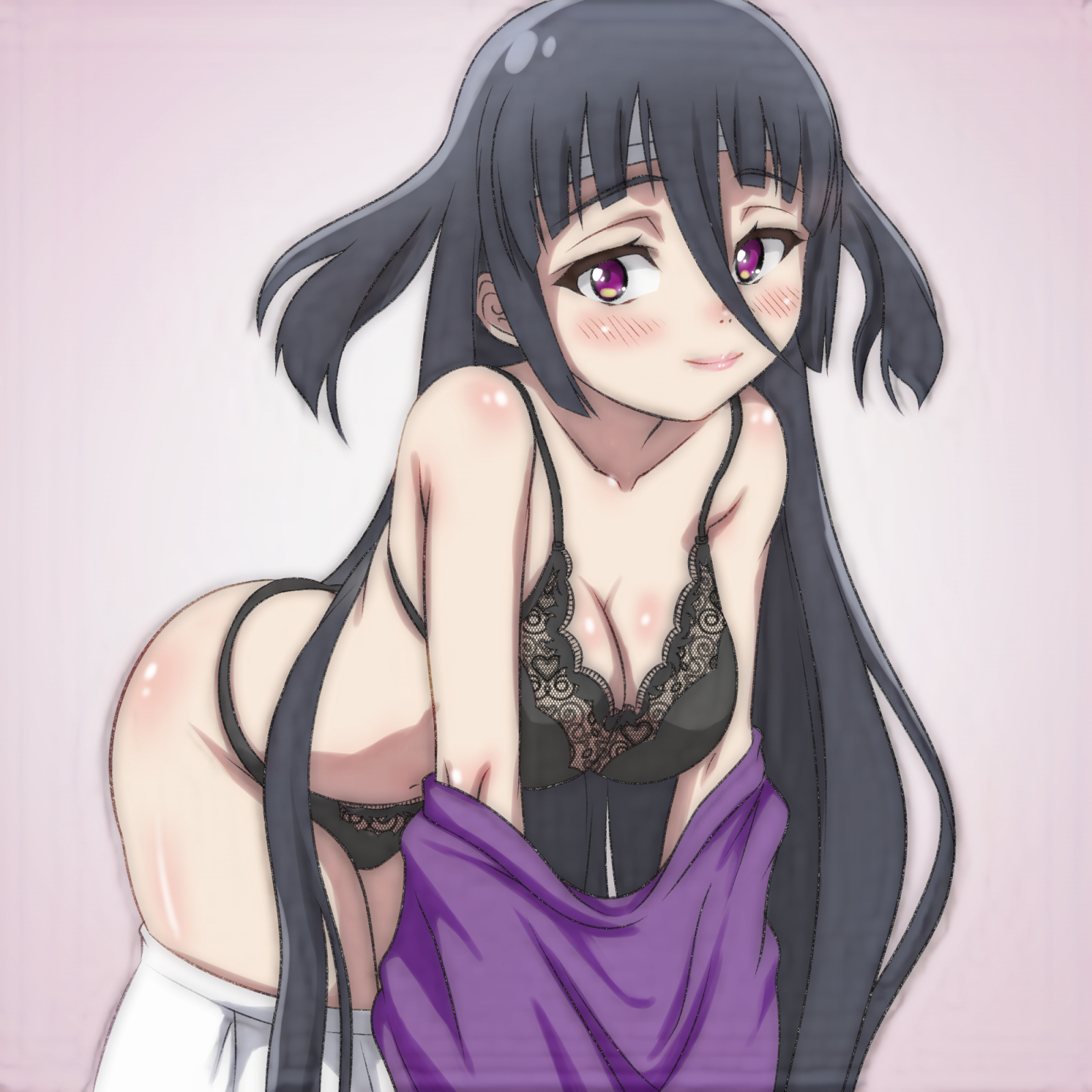 t jiroo (ringofriend), yamada tae, zombie land saga, 1girl, black bra, black hair, black panties, blush, bra, breasts, cleavage, clothes pull, collarbone, gradient background, headband, heart, heart print, lace, lace-trimmed bra, lace trim, large breasts, leaning forward, long hair, looking at viewer, navel, panties, pink background, print bra, purple eyes, purple shirt, removing shirt, shirt, skirt, skirt pull, smile, standing, twintails, underwear, undressing, white skirt