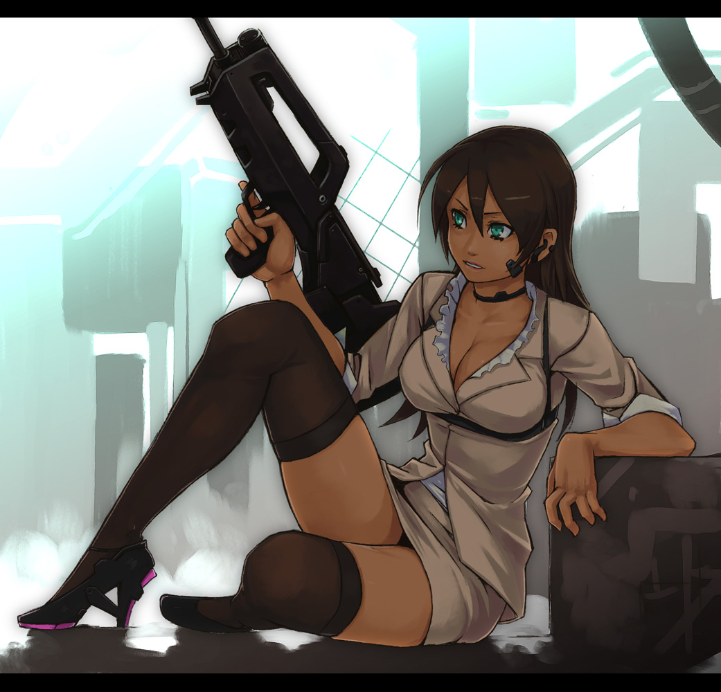 yuuji (and), original, uniform, bad id, bad pixiv id, 1girl, assault rifle, blazer, breasts, brown hair, brown thighhighs, bullpup, choker, cleavage, dark-skinned female, dark skin, famas, female focus, green eyes, gun, headset, high heels, jacket, large breasts, letterboxed, long hair, miniskirt, pencil skirt, rifle, shoes, skirt, sleeves rolled up, solo, tan, thighhighs, thighs, upskirt, weapon
