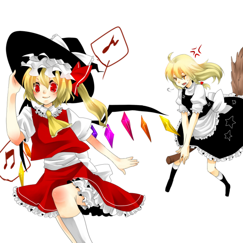 yutazou, flandre scarlet, kirisame marisa, touhou, bad id, bad pixiv id, 2girls, anger vein, annoyed, blonde hair, blush, body blush, borrowed clothes, braid, broom, chasing, female focus, hand on headwear, hat, headwear switch, kneehighs, multiple girls, musical note, one side up, ponytail, red eyes, running, short hair, side ponytail, simple background, smile, socks, theft, white socks, wings, witch, witch hat, yellow eyes