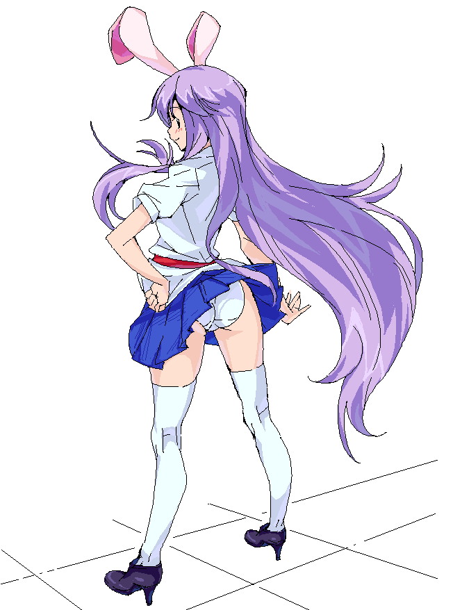 amami amayu, reisen udongein inaba, touhou, 1girl, animal ears, female focus, high heels, long hair, looking at viewer, looking back, miniskirt, panties, pantyshot, purple hair, rabbit ears, shoes, simple background, skirt, solo, standing, thighhighs, underwear, very long hair, white background