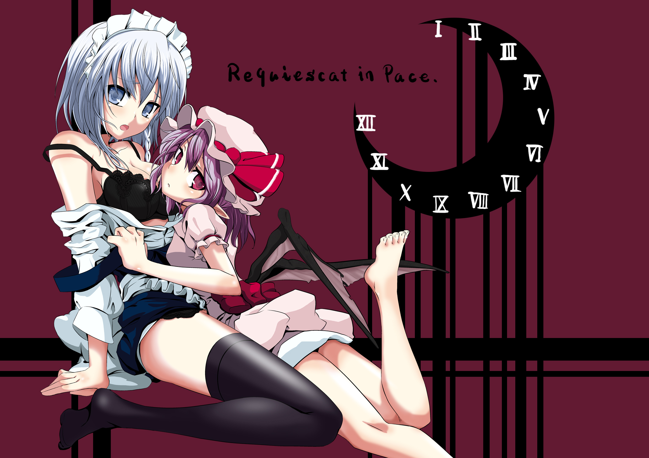 satou samu, izayoi sakuya, remilia scarlet, touhou, silver hair, bad id, bad pixiv id, highres, 2girls, artistic error, bad anatomy, bad feet, barefoot, bat wings, blue eyes, bra, braid, crescent, female focus, hat, latin text, lingerie, multiple girls, pointy ears, red eyes, short hair, thighhighs, twin braids, underwear, wings, wrong foot