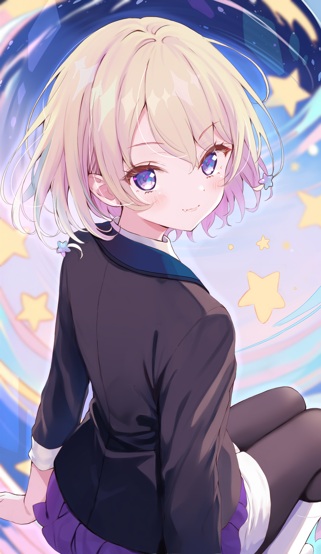 komone ushio, original, highres, 1girl, arm support, black pantyhose, blonde hair, blue eyes, blurry, blush, brown vest, depth of field, dot nose, hair ornament, looking at viewer, looking back, pantyhose, parted bangs, pink lips, pleated skirt, purple skirt, school uniform, short hair, sidelocks, sitting, skirt, solo, star (sky), star (symbol), star hair ornament, vest