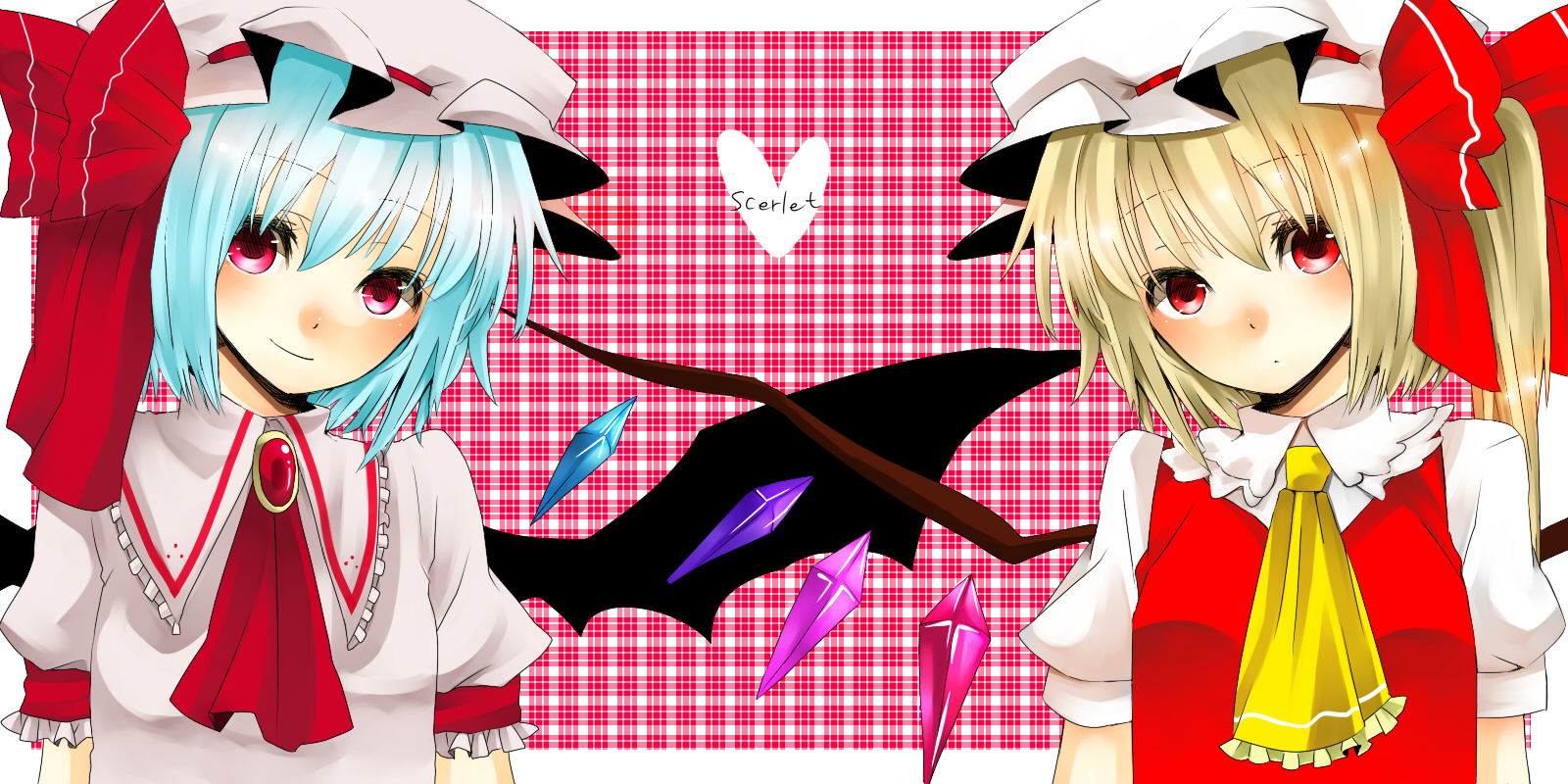 yutazou, flandre scarlet, remilia scarlet, touhou, bad id, bad pixiv id, highres, 2girls, blonde hair, blue hair, english text, engrish text, female focus, head tilt, multiple girls, plaid background, ranguage, red eyes, siblings, sisters, smile, symmetry, upper body